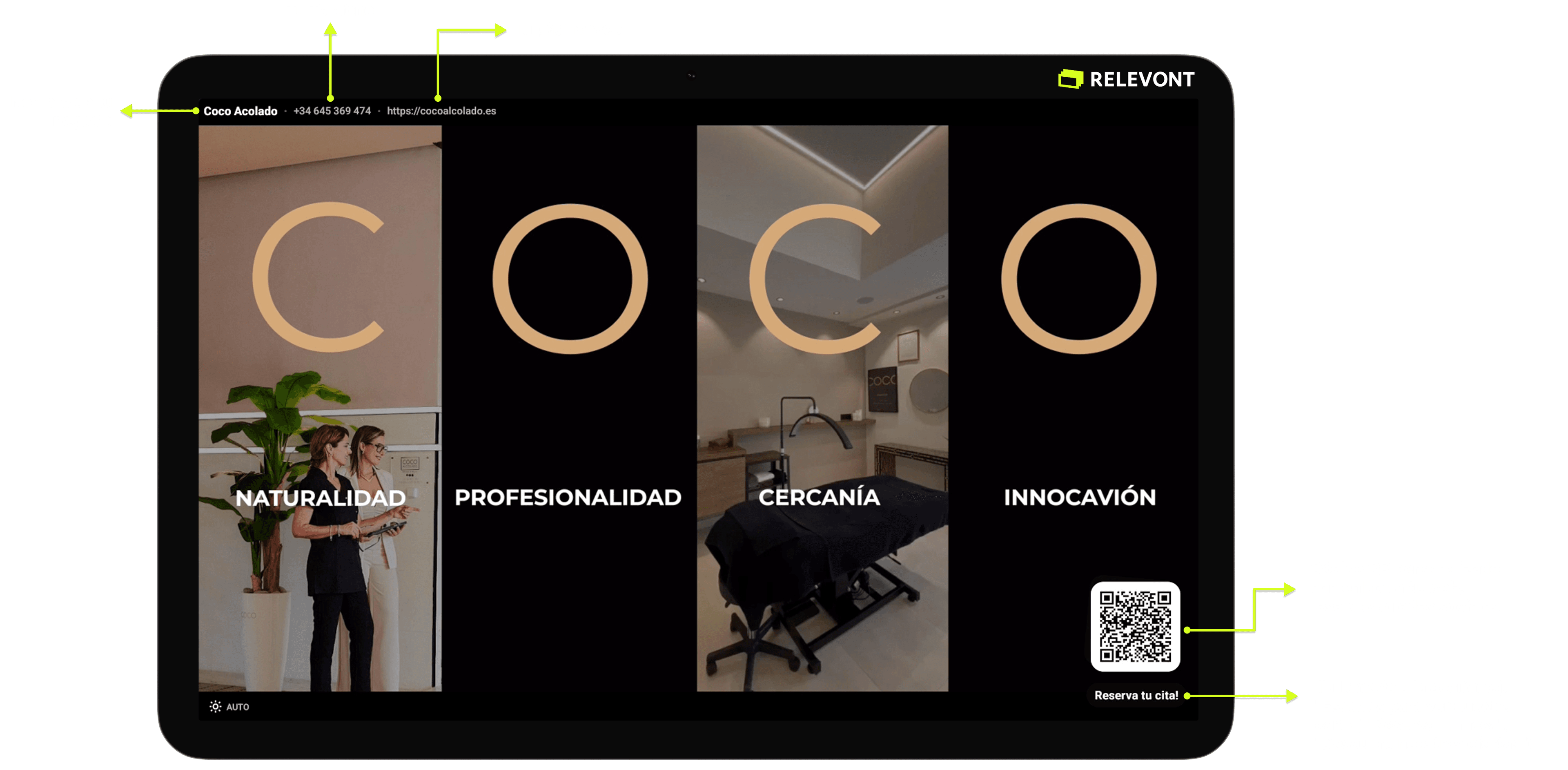 Anatomía del anuncio en tablet Relevont: nombre del negocio, teléfono, web, QR y llamada a la acción