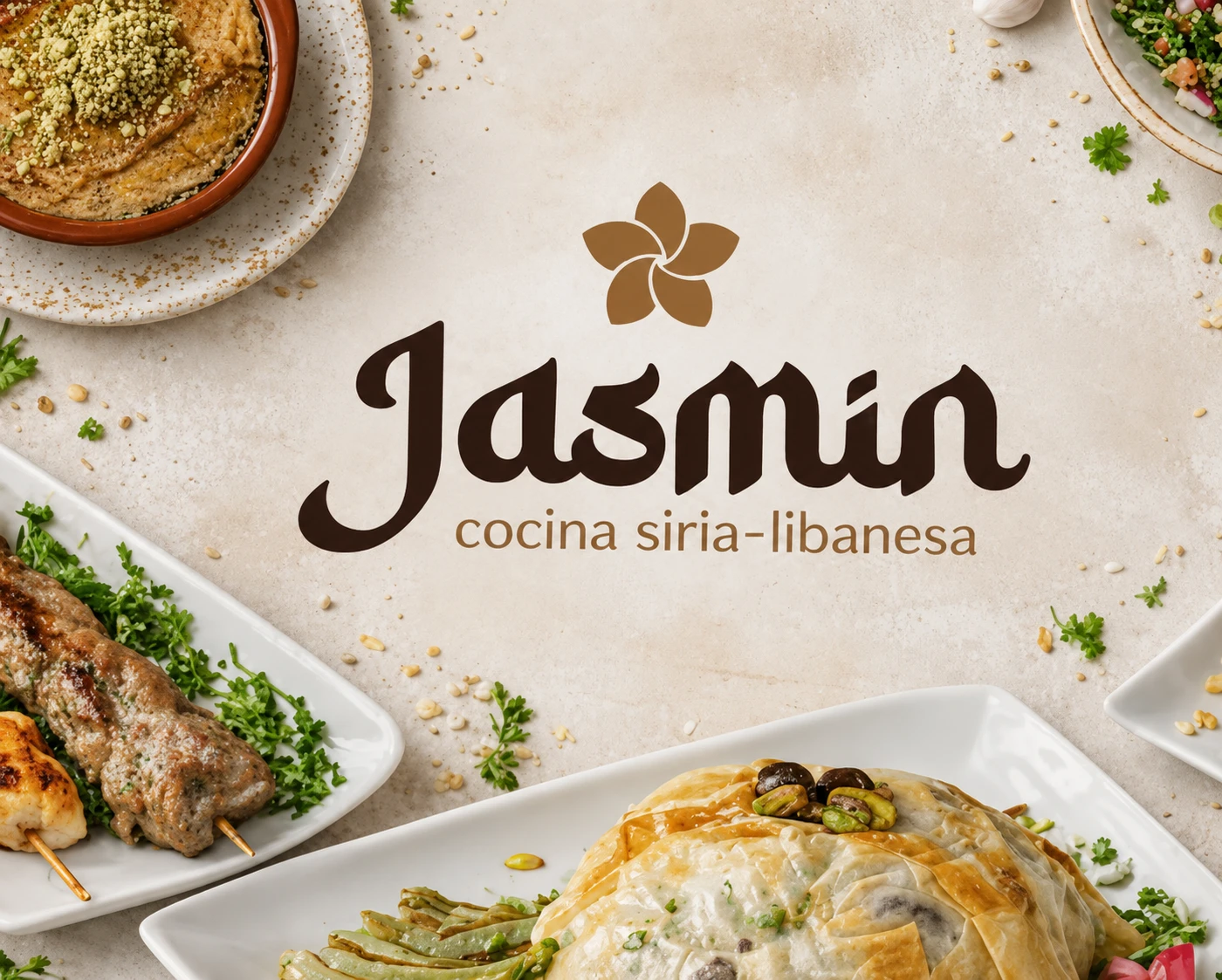 Marca y platos del restaurante Jasmin, cocina siria y libanesa